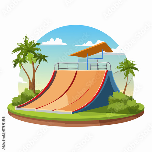 Cartoon illustration of an outdoor skate park ramp with palm trees and green bushes under a blue sky.