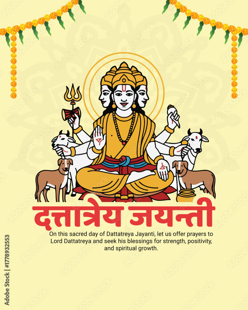 Naklejka premium Lord Dattatreya Jayanti Illustration – Divine Trimurti Vector Art, Hindu Spiritual Festival Celebration