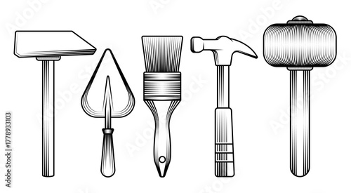 building and construction tools monochrome vector illustrations detailed vintage engraving trowel paint brush claw hammer and rubber mallet carpentry masonry home improvement