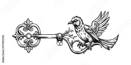 Bird sitting on ornate key engraving style vector illustration.