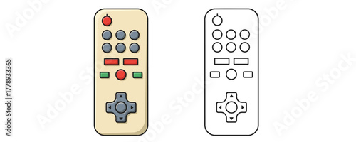 Remote control vector illustration in a flat line style, with light beige case, red, gray, and green buttons, simple electronics icon