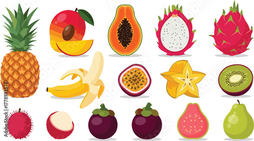 Assortment of exotic and tropical fruits including pineapple, mango, papaya, dragon fruit, banana, passion fruit, star fruit, kiwi, lychee, mangosteen, guava, and pear