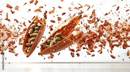Fototapeta Naklejka Na Ścianę i Meble -  Cardamom pod split seeds exploding outward slow-motion capture burst pattern white background dramatic studio lighting culinary spice dynamics