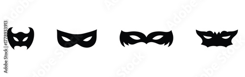Carnival mask silhouette icons set on white page. Costume party facial-mask icons. Super-heroes musk set on white background. Black mystery mask icon set. EPS 10. 