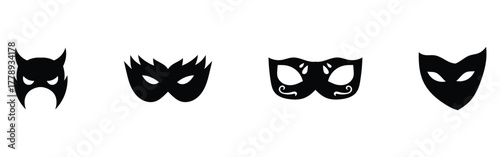 Carnival mask silhouette icons set on white page. Costume party facial-mask icons. Super-heroes musk set on white background. Black mystery mask icon set. EPS 10. 