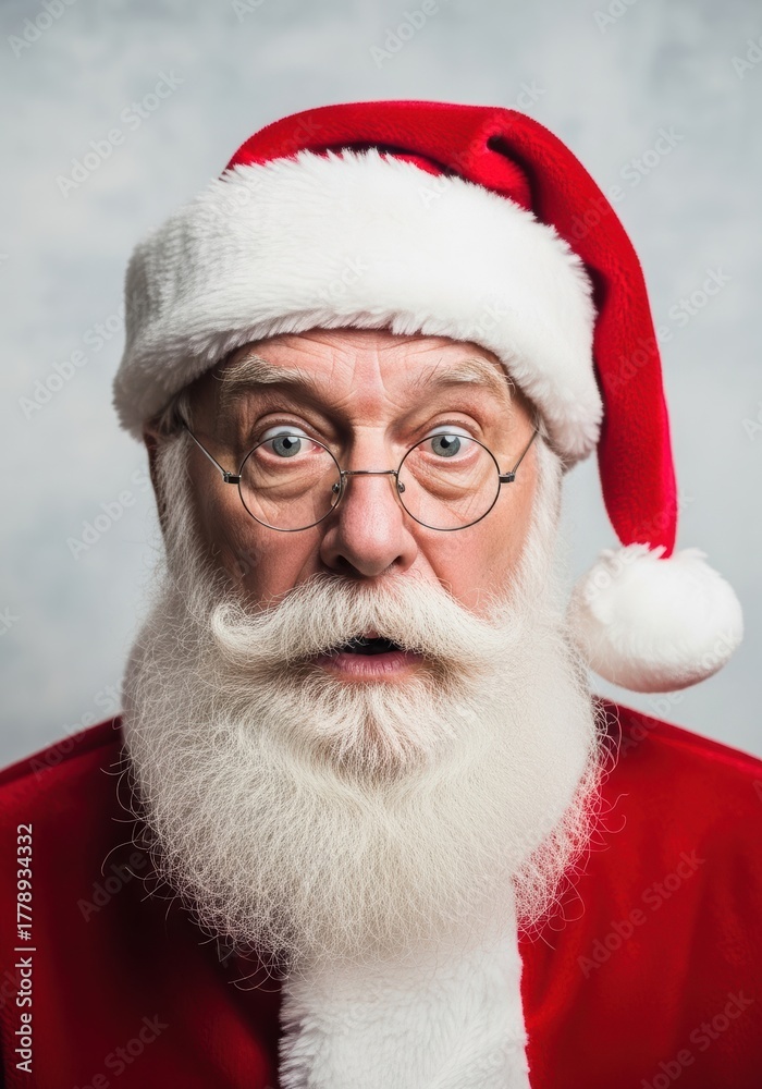 Naklejka premium Santa Claus portrait with surprised expression and round glasses