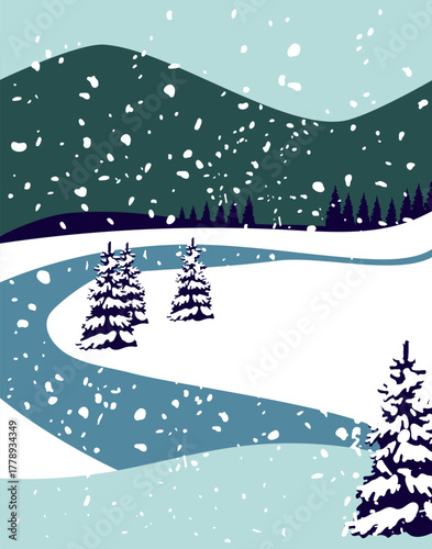 Winter Landscape, minimalist style inspired by alpine landscapes – Christmas Card. Gently falling snowflakes across the entire scene. Vector illustration 