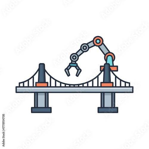Illustration of a bridge being built by a robotic arm.