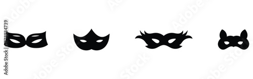 Modern comical vector mask set. isolated black musk icons. Party black musk icons on isolated page. Super-heroes musk icon on white page. Carnival black facial mask set. EPS 10. 