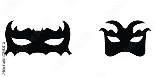 Party black musk icons on isolated page. Super-heroes musk icon on white page. Carnival black facial mask set. Modern comical vector mask set. EPS 10. 