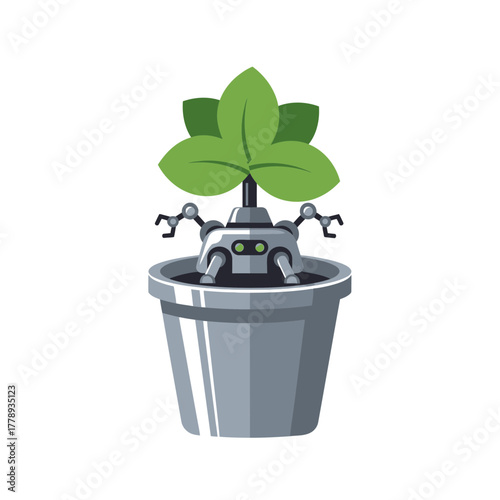 Robot tending to a plant in a pot, symbolizing technology and nature working together.