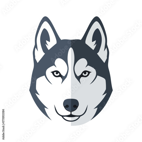 A stylized vector illustration of a husky dog's head with a symmetrical design and a simple color palette.