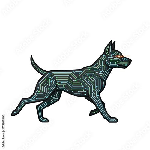 Cybernetic dog with circuit board pattern and glowing eyes.