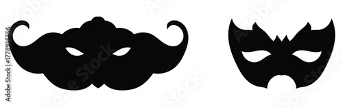 Party black musk icons on isolated page. Super-heroes musk icon on white page. Carnival black facial mask set. Modern comical vector mask set. EPS 10. 