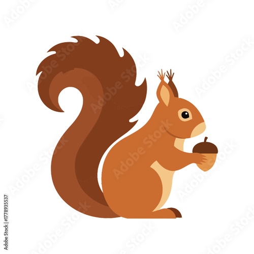 Cute cartoon brown squirrel holding an acorn, depicted in a flat vector illustration style on a white background, side view.