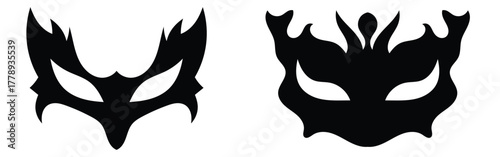 Vector isolated modern costume face silhouette icons set on white background. Party black musk icons on isolated page. Super-heroes musk icon on white page. Carnival black facial mask set. EPS 10. 