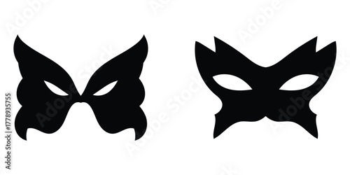 Vector isolated modern costume face silhouette icons set on white background. Party black musk icons on isolated page. Super-heroes musk icon on white page. Carnival black facial mask set. EPS 10. 
