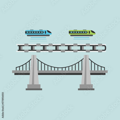 Flat illustration of two modern trains, one blue and one green, above a train track and a suspension bridge.