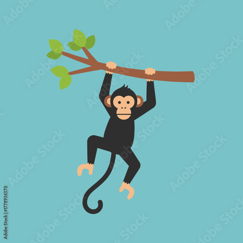 Cute cartoon monkey hanging from a tree branch against a solid blue background, simple vector illustration.