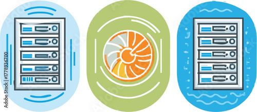 Digital Oasis: Threefold Geometric Data Center Icons in Vector Flat Style