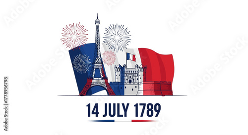 Bastille Day Celebration with Eiffel Tower and French Flag.
