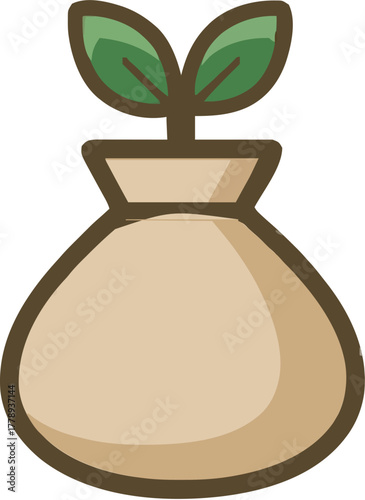 A simple money bag with a leaf growing out, symbolizing growth and prosperity.