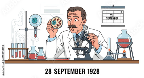 Alexander Fleming discovering penicillin in his laboratory in 1928.