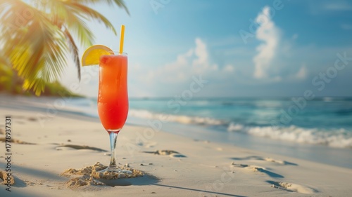 Tropical cocktail in tall glass with orange slice on sandy beach