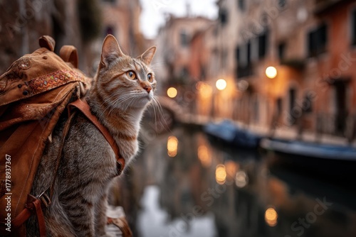 Traveling cat enjoys a scenic view in Venice with a backpack during twilight hours near the canal