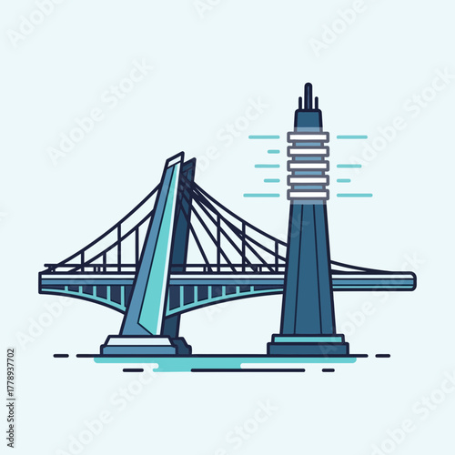Illustration of a bridge and tower in blue tones on a light background.