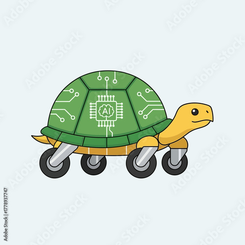 Cartoon turtle with AI chip on shell and wheels instead of legs.