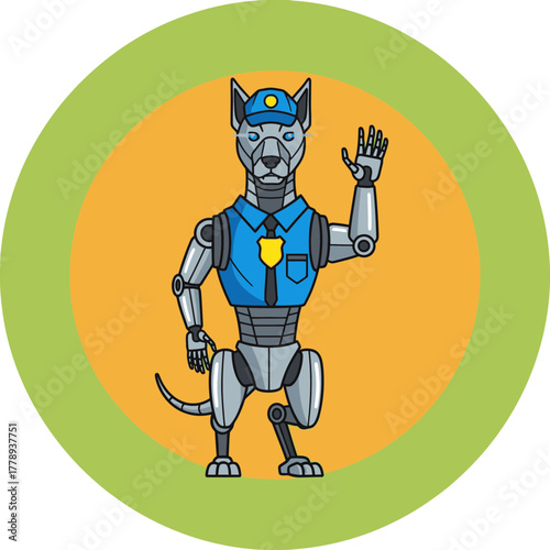 Illustration of a robotic dog dressed as a police officer waving.