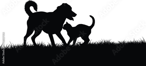 Dog and cat silhouette vector illustration on grass background, friendship and pet love concept, domestic animal design, cad drawing flat vector illustration