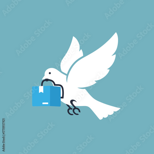Dove delivering a blue package on a light blue background.