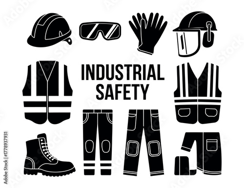 A collection of black silhouette icons representing personal protective equipment for industrial work and construction site safety