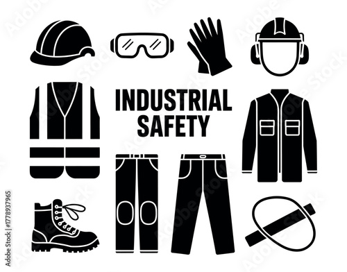 Workplace Safety Equipment. Monochrome Vector PPE Set Including Helmet, Gloves, and Mask