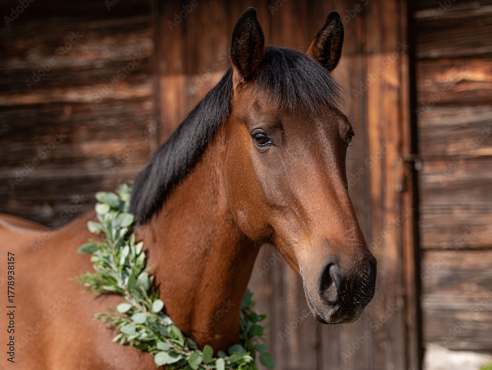 Obraz premium Horse adorned with eucalyptus wreath poses gracefully near barn