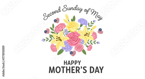 Happy Mothers Day Floral Bouquet with Text on White Background.