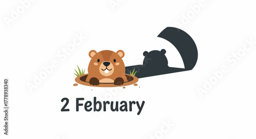 Cute Groundhog Day illustration with a groundhog and its shadow on February 2nd.