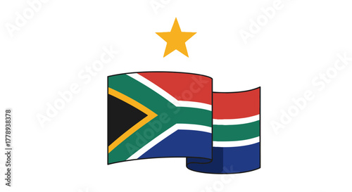 South African Flag Waving with Star Above on White Background.