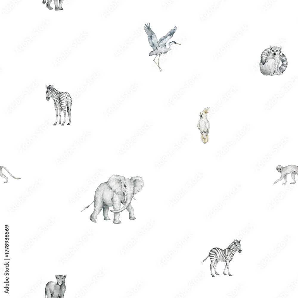 Naklejka premium Watercolor seamless pattern with African animals. Elephant, zebra, lemur, crane, parrot. Tropical, jungle background for wallpaper, textile.