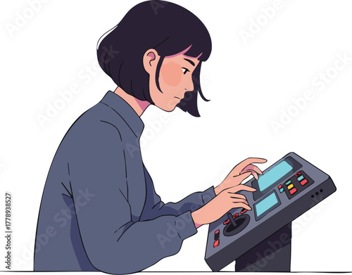Woman operating drone remote control with joystick and buttons on a flat surface.