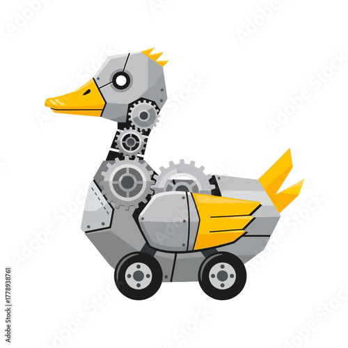 A cartoon illustration of a robotic duck with gears, metal plates, yellow accents, and wheels instead of feet, on a white background.