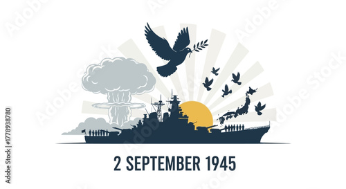 World War II End Commemoration with Peace Dove and Atomic Bomb Cloud.