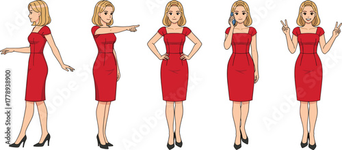Cartoon woman poses, red dress character, blonde hair, peace sign, pointing gesture, walking stance, phone call, confident posture, stylish