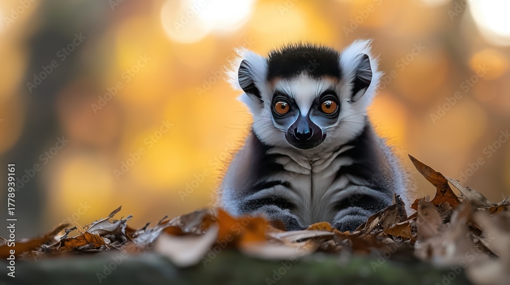 Naklejka premium A Ring-tailed Lemur sits among fallen leaves, autumn-colored background