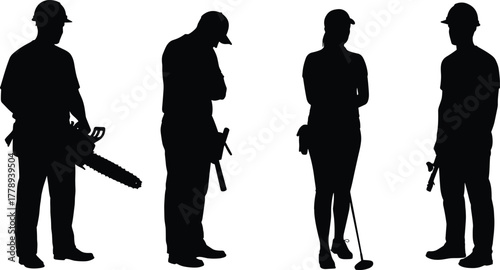 Construction workers and engineers silhouette set, male and female laborers standing with tools, industrial professionals vector illustration, black isolated flat design