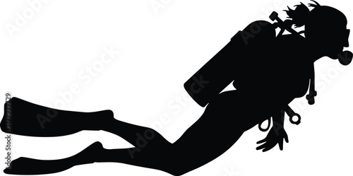 Silhouette of scuba diver swimming underwater with oxygen tank and fins, aquatic exploration concept, marine life adventure, cad drawing flat vector illustration