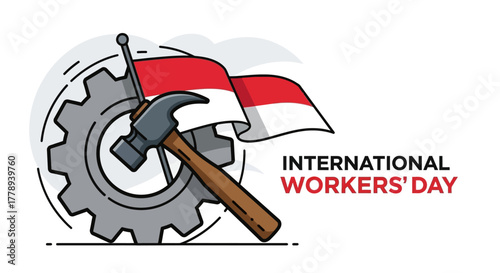 International Workers Day Celebration with Hammer and Flag.