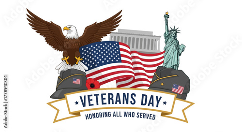 Veterans Day Honoring All Who Served Illustration with American Symbols.